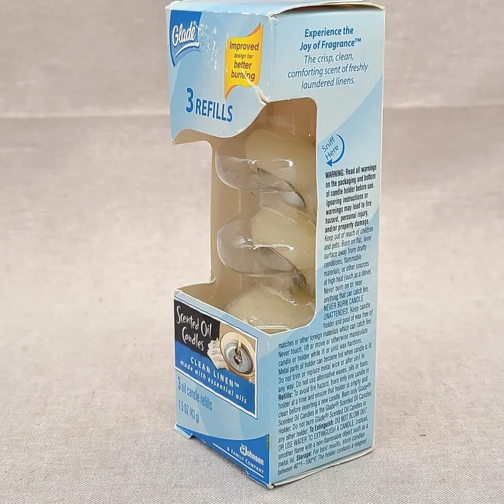 GLADE Clean Linen Scented Oil Candles 3 Refills 1.5 oz NEW